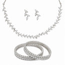 ZENEME Rhodium Plated White American Diamond Crystal Leaf Vine Necklace Set with Earrings & Set of 2 Bangles for Women & Girls