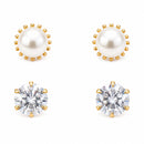 Gold Plated Crown Pearl & Solitaire Stud Earrings Set of 2 Pairs for Women & Girls
