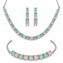 ZENEME Set of 3 Silver Plated AD Pastel Rainbow Tennis Necklace Set & Bracelet Jewellery Set For Women & Girls