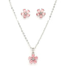Rhodium Plated Silver Toned Pink American Diamond Studded Floral Shaped Pendant Set