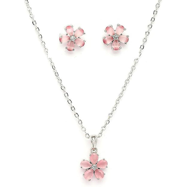 Rhodium Plated Silver Toned Pink American Diamond Studded Floral Shaped Pendant Set