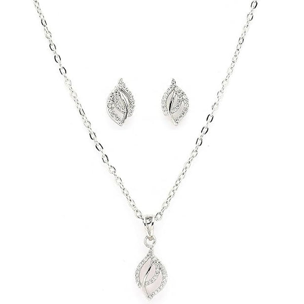 Rhodium Plated Silver Toned White Cubic Zirconia Studded Leaf Shaped Pendant Set