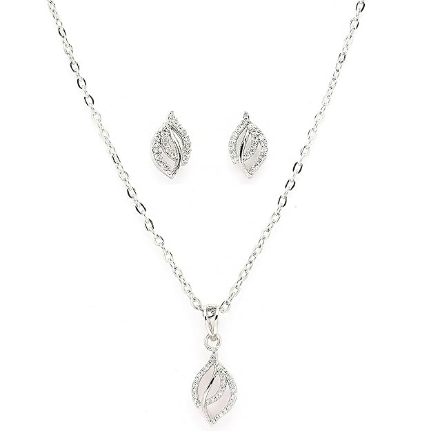 Rhodium Plated Silver Toned White Cubic Zirconia Studded Leaf Shaped Pendant Set