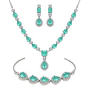 ZENEME Set of 3 Rhodium Plated AD Emerald Teardrop Halo Necklace Set & Bracelet For Woman