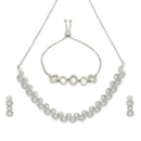ZENEME Set of 3 Rhodium Plated AD Floral Fringe Bracelets & Necklace Set Jewellery Set For Women & Girls Silver Toned