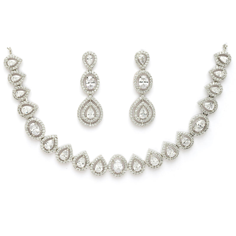 Rhodium Plated Silver Toned Teardrop Shaped White American Diamond Studded Jewellery Set