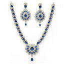 Rhodium Plated Silver Toned Ornate Shaped Navy Blue & White American Diamond Studded Jewellery Set