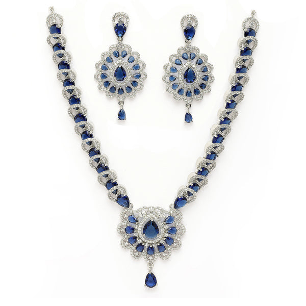 Rhodium Plated Silver Toned Ornate Shaped Navy Blue & White American Diamond Studded Jewellery Set