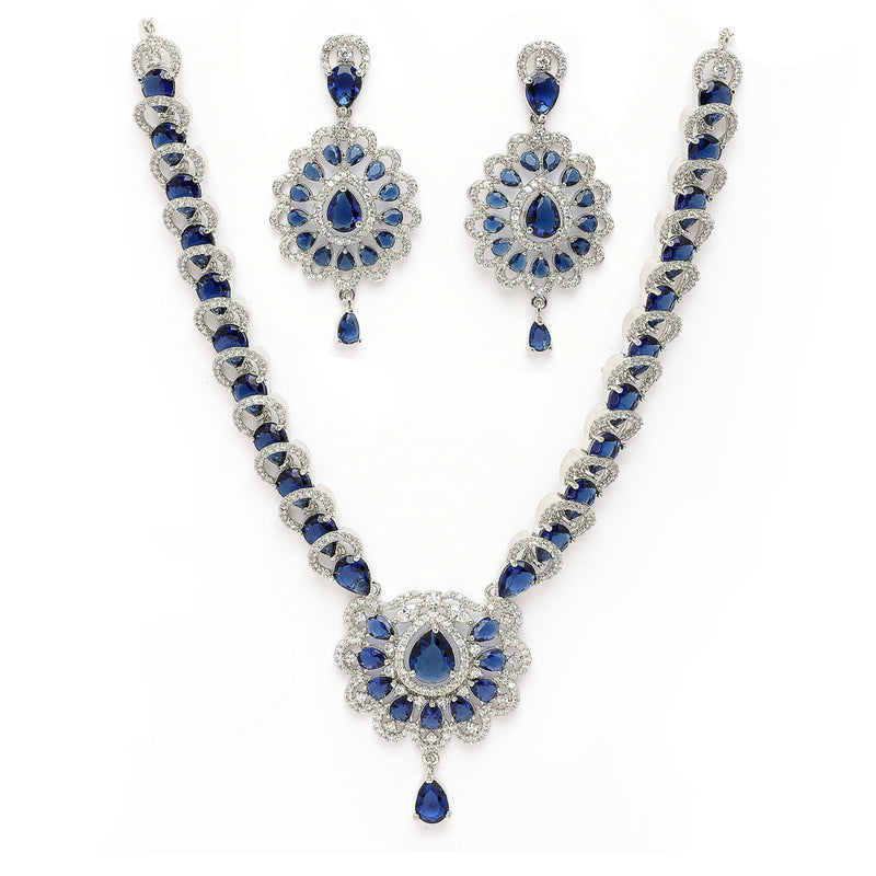 Rhodium Plated Silver Toned Ornate Shaped Navy Blue & White American Diamond Studded Jewellery Set