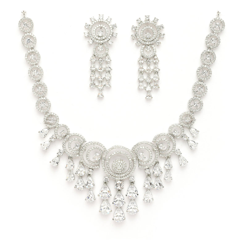 Rhodium Plated Silver Toned Teardrop Shaped White American Diamond Studded Jewellery Set