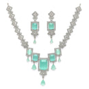 Rhodium Plated Silver Toned Rectangular Shaped Sea Green & White American Diamond Studded Jewellery Set