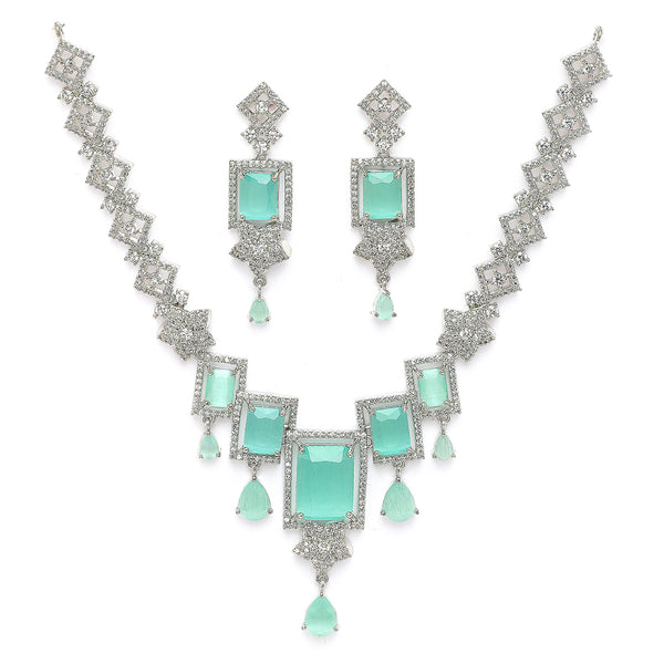 Rhodium Plated Silver Toned Rectangular Shaped Sea Green & White American Diamond Studded Jewellery Set