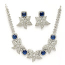 Rhodium Plated Silver Toned Floral Shaped Blue & White American Diamond Studded Jewellery Set