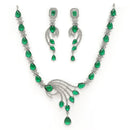 Rhodium Plated Silver Toned Green & White American Diamond Studded Jewellery Set