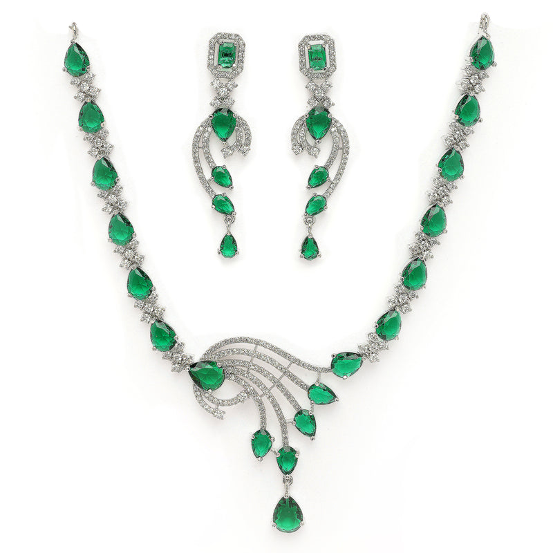 Rhodium Plated Silver Toned Green & White American Diamond Studded Jewellery Set