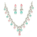 Rhodium Plated Silver Toned Leaf Teardrop Shaped Pink & Sea Green American Diamond Studded Jewellery Set