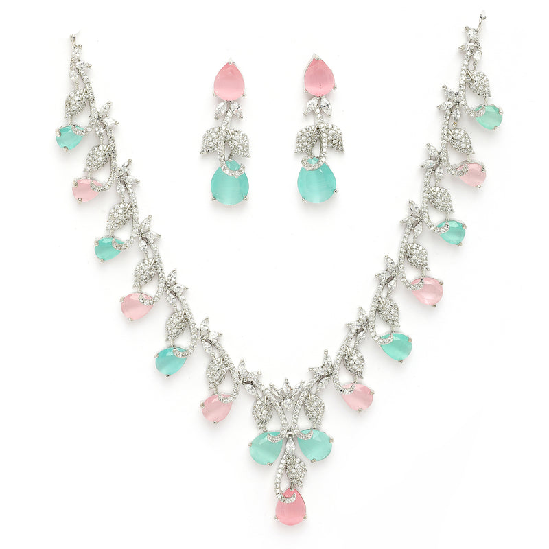 Rhodium Plated Silver Toned Leaf Teardrop Shaped Pink & Sea Green American Diamond Studded Jewellery Set