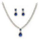 Rhodium Plated Silver Toned Teardrop Shaped Blue & White American Diamond Studded Jewellery Set
