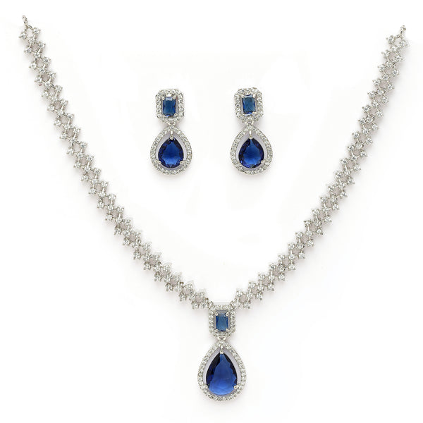 Rhodium Plated Silver Toned Teardrop Shaped Blue & White American Diamond Studded Jewellery Set