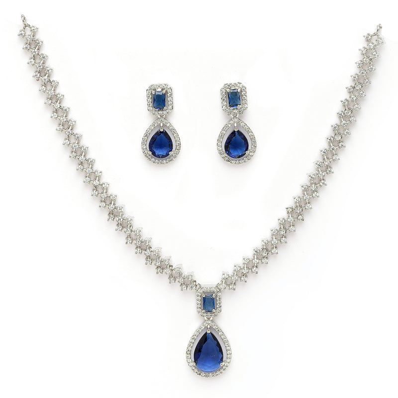 Rhodium Plated Silver Toned Teardrop Shaped Blue & White American Diamond Studded Jewellery Set