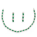 Rhodium Plated Silver Toned Teardrop Shaped Green & White American Diamond Studded Jewellery Set