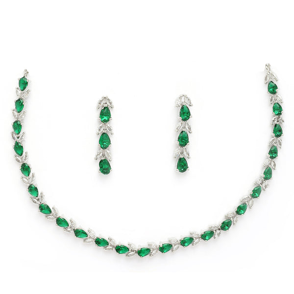 Rhodium Plated Silver Toned Teardrop Shaped Green & White American Diamond Studded Jewellery Set