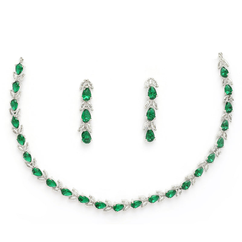 Rhodium Plated Silver Toned Teardrop Shaped Green & White American Diamond Studded Jewellery Set