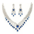 Rhodium Plated Silver Toned Teardrop Shaped Blue & White American Diamond Studded Jewellery Set