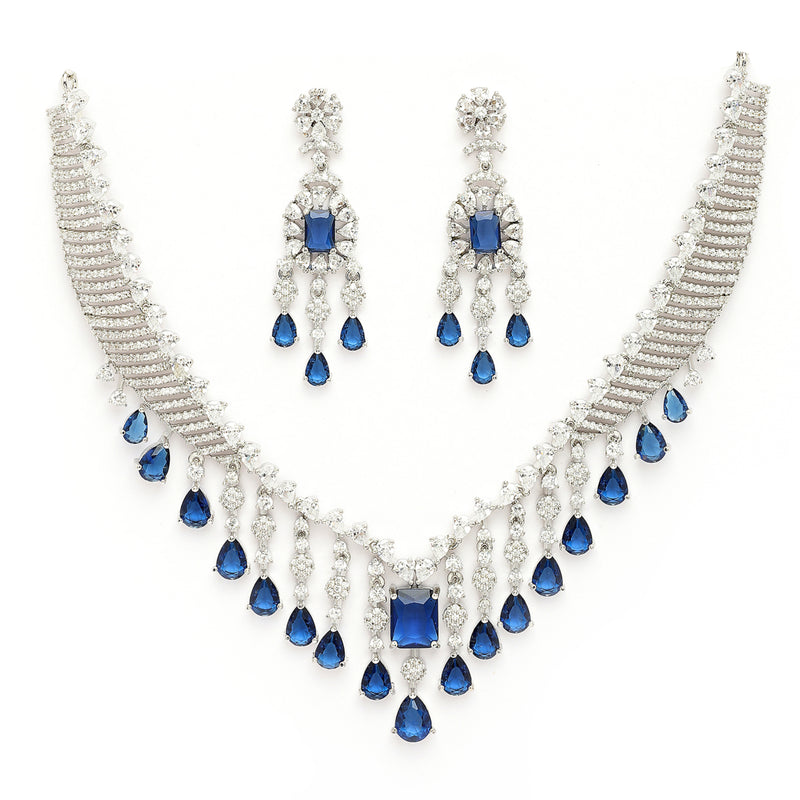 Rhodium Plated Silver Toned Teardrop Shaped Blue & White American Diamond Studded Jewellery Set