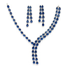 Rhodium Plated Silver Toned Teardrop Shaped Blue American Diamond Studded Jewellery Set
