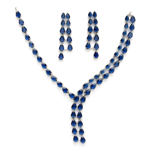 Rhodium Plated Silver Toned Teardrop Shaped Blue American Diamond Studded Jewellery Set