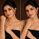 ZENEME Rhodium Plated AD Pastel Square-Cut Tennis Line Necklace Set with Earrings & Bangles for Women & Girls