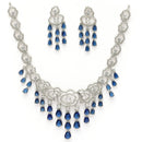 Rhodium Plated Silver Toned Floral Blue & White American Diamond Studded Jewellery Set