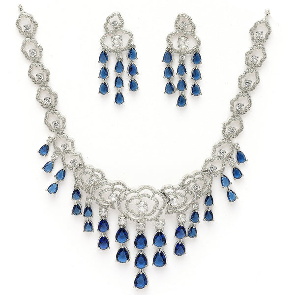 Rhodium Plated Silver Toned Floral Blue & White American Diamond Studded Jewellery Set