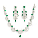 Rhodium Plated Silver Toned Crescent Shaped Green & White American Diamond Studded Jewellery Set