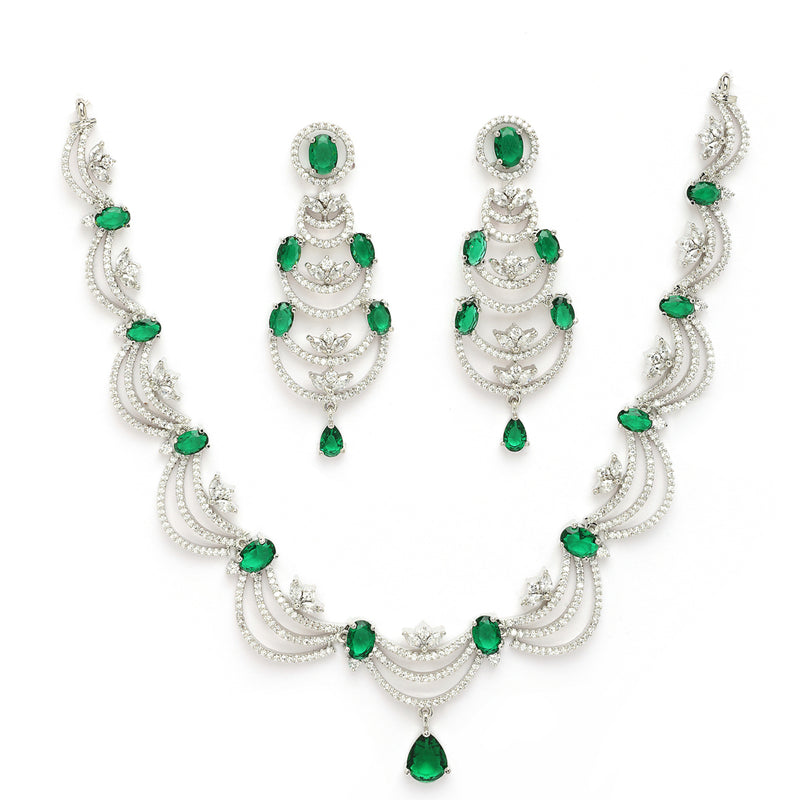 Rhodium Plated Silver Toned Crescent Shaped Green & White American Diamond Studded Jewellery Set