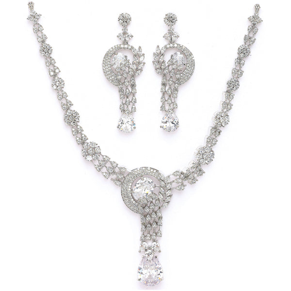 Rhodium Plated Silver Toned White American Diamond Studded Jewellery SeT