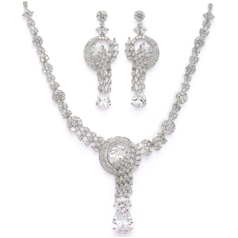 Rhodium Plated Silver Toned White American Diamond Studded Jewellery SeT