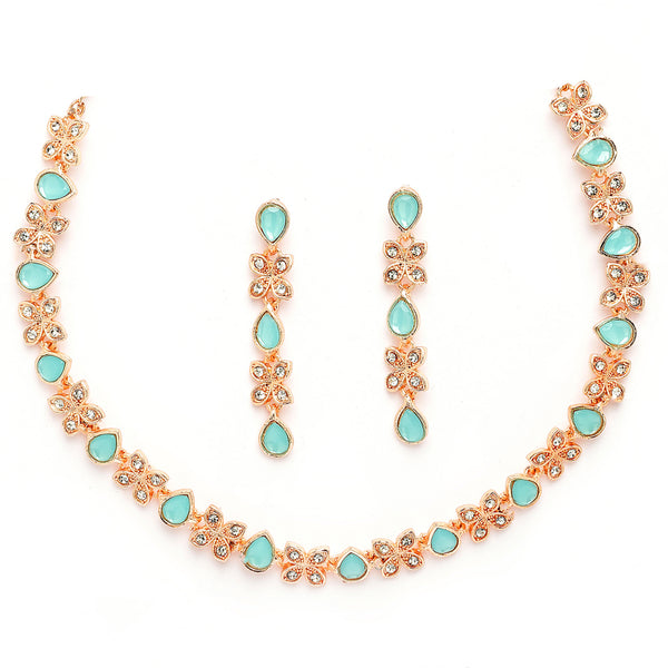 Rose Gold Plated Butterfly Shaped Blue Cubic Zirconia Studded Jewellery Set