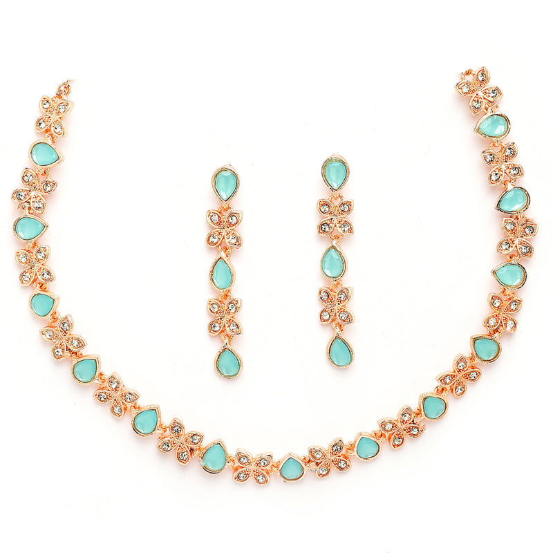 Rose Gold Plated Butterfly Shaped Blue Cubic Zirconia Studded Jewellery Set