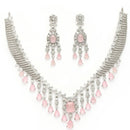 Rhodium Plated Silver Toned Teardrop Shaped Pink & White American Diamond Studded Jewellery Set