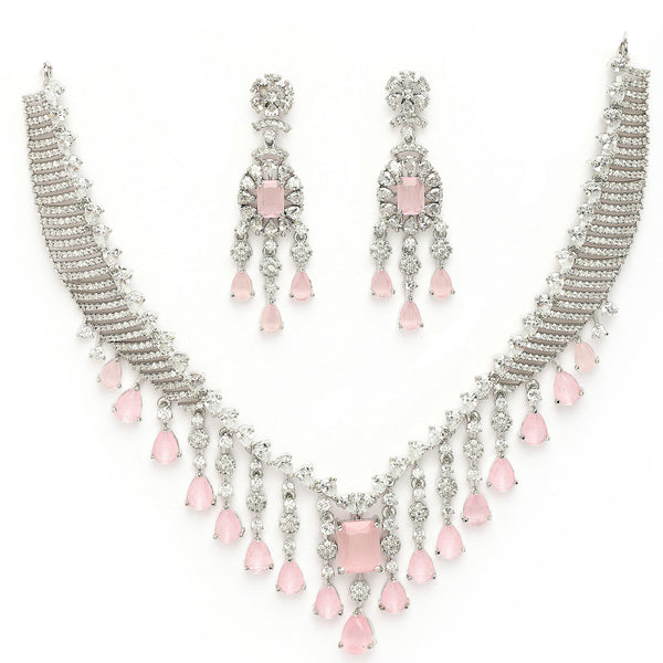 Rhodium Plated Silver Toned Teardrop Shaped Pink & White American Diamond Studded Jewellery Set