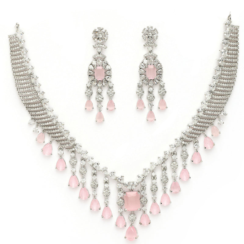 Rhodium Plated Silver Toned Teardrop Shaped Pink & White American Diamond Studded Jewellery Set