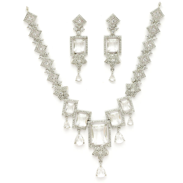 Rhodium Plated Silver Toned Rectangular Shaped White American Diamond Studded Jewellery Set