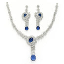 Rhodium Plated Silver Toned Floral Teardrop Shaped Navy Blue & White American Diamond Studded Jewellery Set