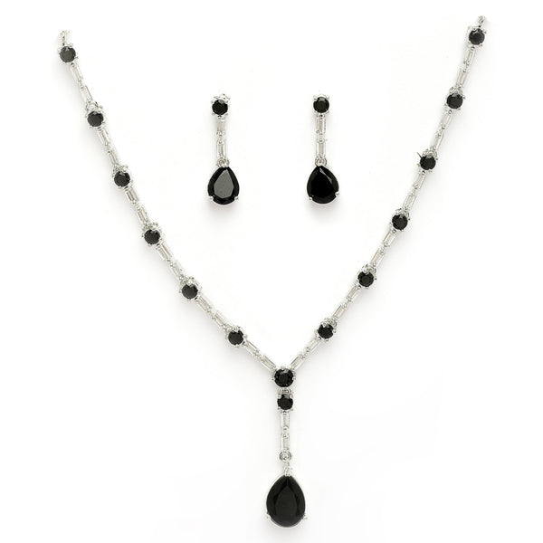 Rhodium Plated Silver Toned Teardrop Shaped Black & White American Diamond Studded Jewellery Set