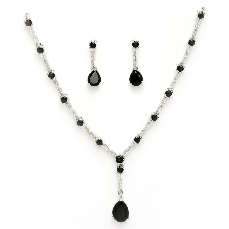 Rhodium Plated Silver Toned Teardrop Shaped Black & White American Diamond Studded Jewellery Set