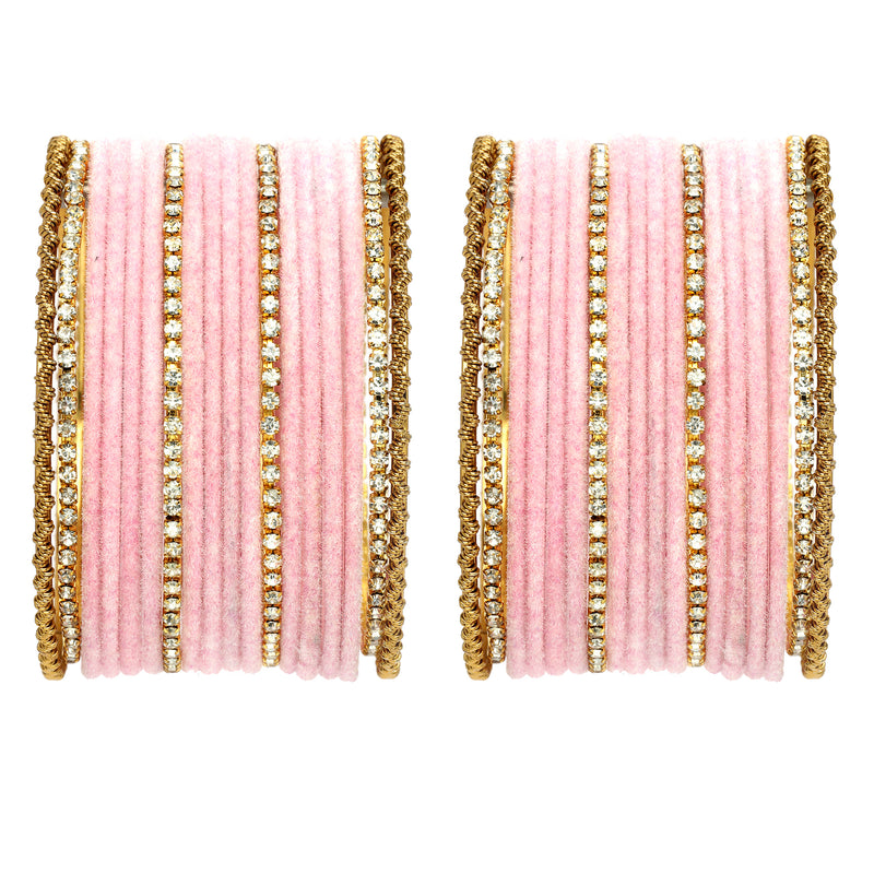 Zeneme Gold-Plated Matte Finish Pink Velvet Cz Studded Bangles Set Of 36