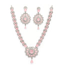 Rhodium Plated Silver Toned Ornate Shaped Pink & White American Diamond Studded Jewellery Set