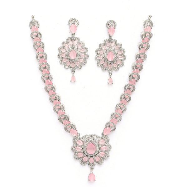 Rhodium Plated Silver Toned Ornate Shaped Pink & White American Diamond Studded Jewellery Set
